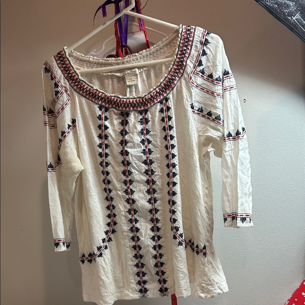 Lucky Brand Cream and Black Embroidered Blouse